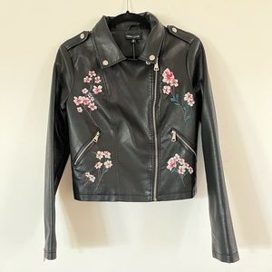 Black Faux Leather Embroidered Jacket